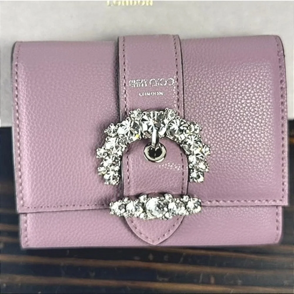 Jimmy Choo Cheri Cosmos Pink Leather Wallet with Crystal Buckle